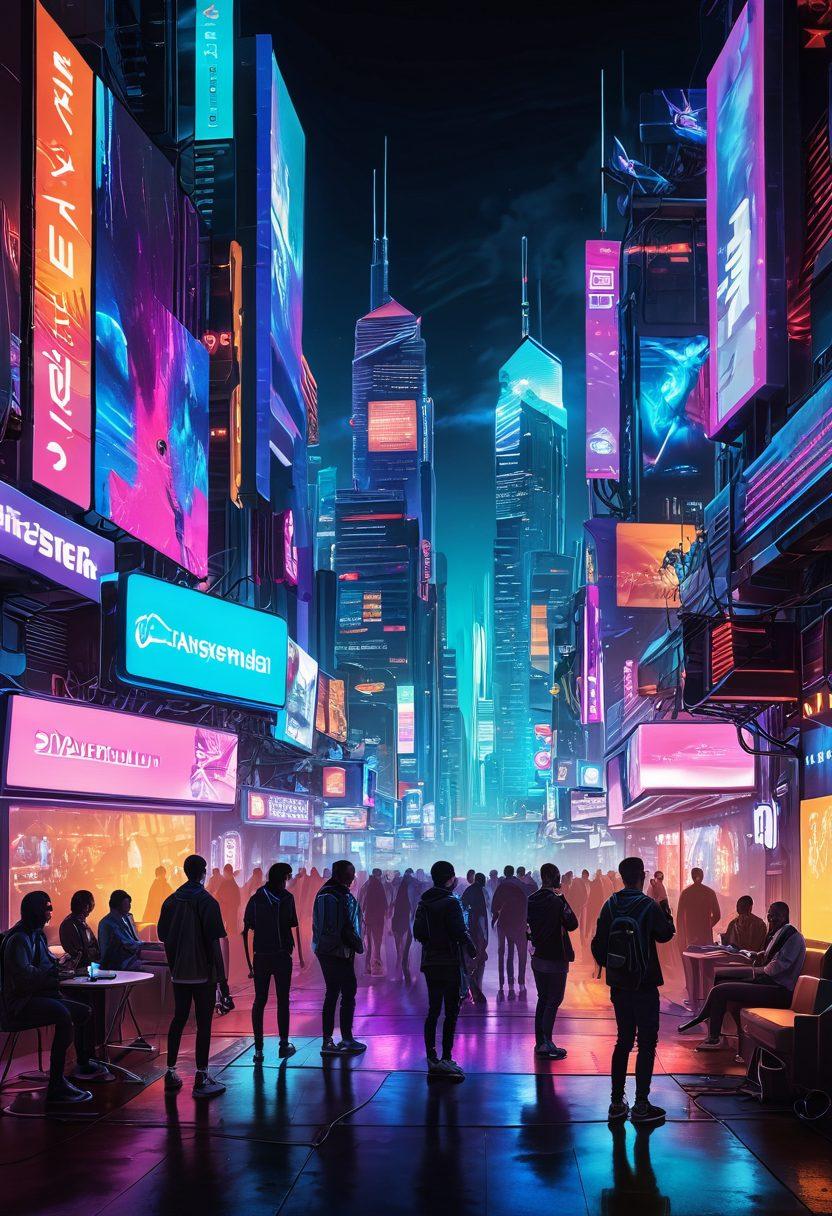 A vibrant digital landscape featuring a futuristic city skyline filled with screens displaying pop culture icons and trending content. In the foreground, a diverse group of content creators with cameras and microphones, passionately engaging with their audience. Bright neon colors radiating from the buildings, with creative digital elements like social media icons floating around. A dynamic, energetic atmosphere illustrating the intersection of technology and entertainment. super-realistic. vibrant colors. cyberpunk.