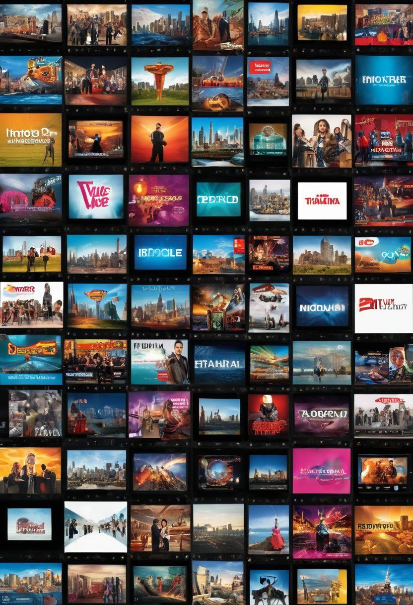 A dynamic collage showcasing the evolution of entertainment, featuring vibrant online magazine covers, multimedia elements like video screens and film reels, and iconic symbols of MaruTV intertwined throughout. Include a futuristic skyline in the background to represent digital media's progress. Highlight diverse audiences engaging with various forms of entertainment on their devices. super-realistic. vibrant colors. modern design.
