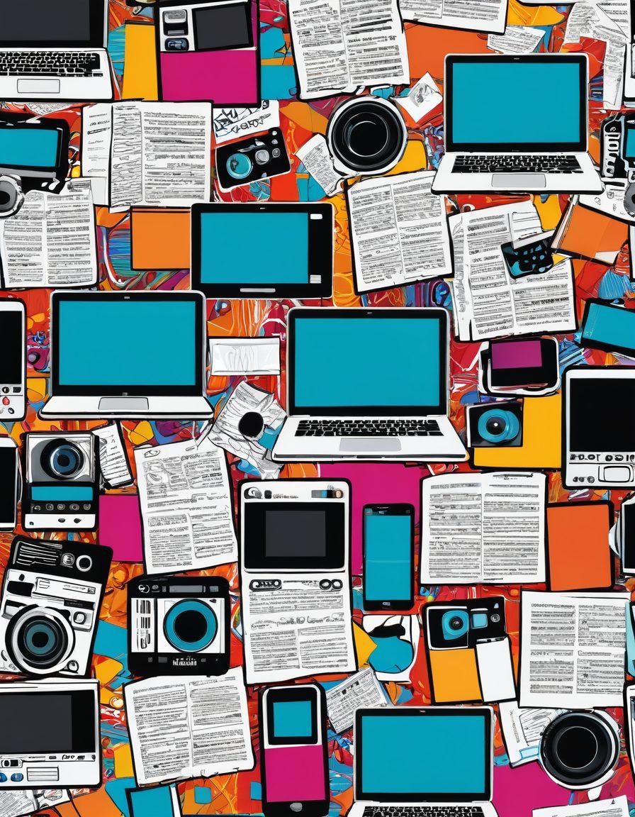 A visually captivating collage showcasing the evolution of entertainment, featuring digital journals on one side and vibrant video blogs on the other. Include icons of smartphones, laptops, and social media symbols blending with classic journal elements like pens and paper. The scene should be lively and engaging, with bright colors and dynamic lines illustrating movement and progress. The background can have abstract film reels and sound waves to symbolize the multimedia aspect of entertainment. vibrant colors. vector art.